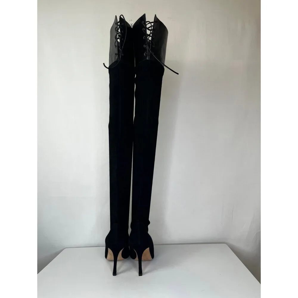 Manolo Blahnik Black Suede Pointed Toe Over the Knee Boots